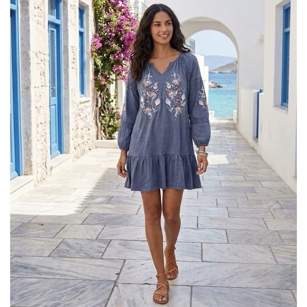 Cupio 100% Cotton Dress Boho Floral Cottagecore Blue Crochet Lace Ruffle Size - Picture 3 of 9